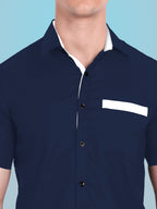 Men's Casual Half Sleeve Silver Button Shirt in Black by BLUE ROBED, fit view