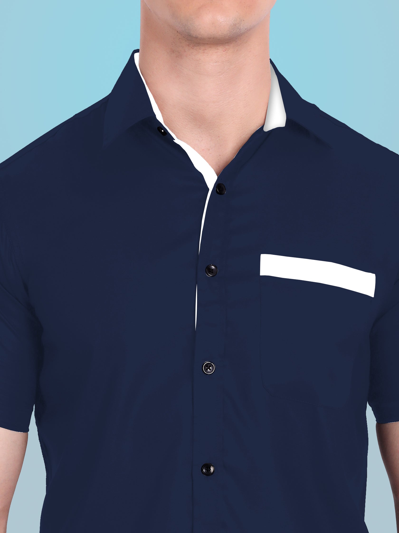 Men's Casual Half Sleeve Silver Button Shirt in Black by BLUE ROBED, fit view
