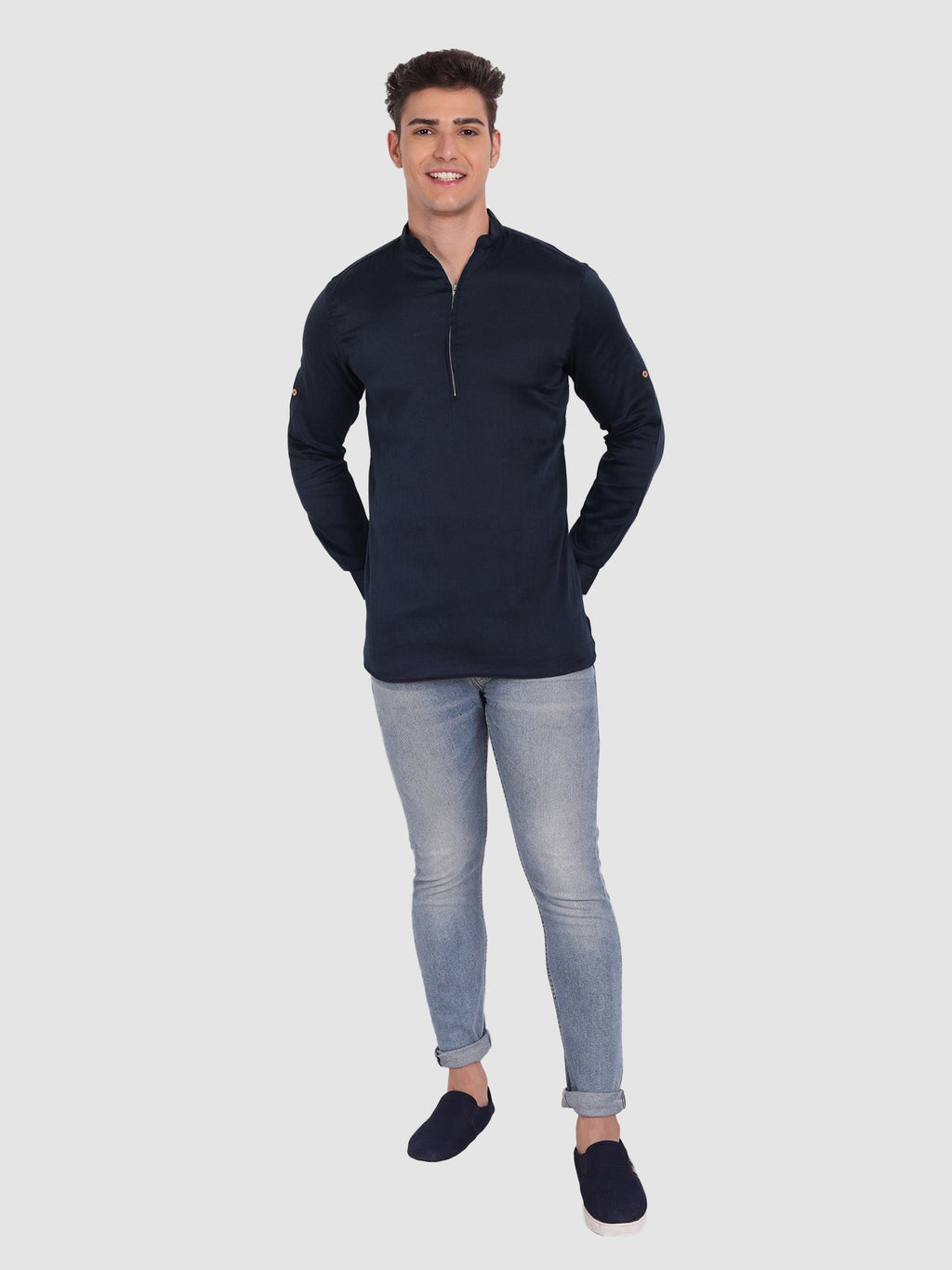 BLUE ROBED men's Casual ZIP Style Full Sleeve Cotton Kurta in Navy Blue view 30