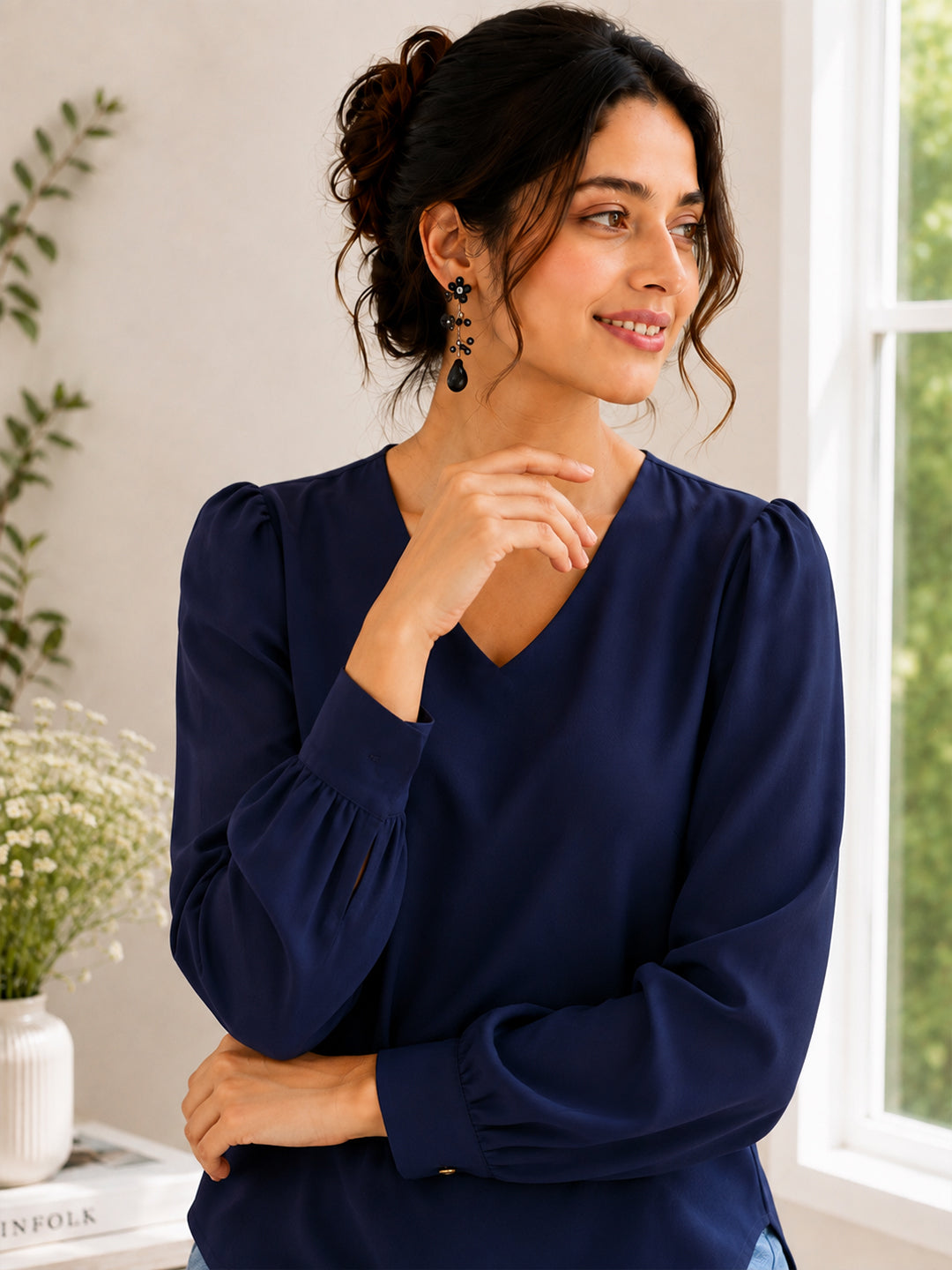 Women’s Crepe Formal Top | Elegant V-Neck Office Wear Blouse