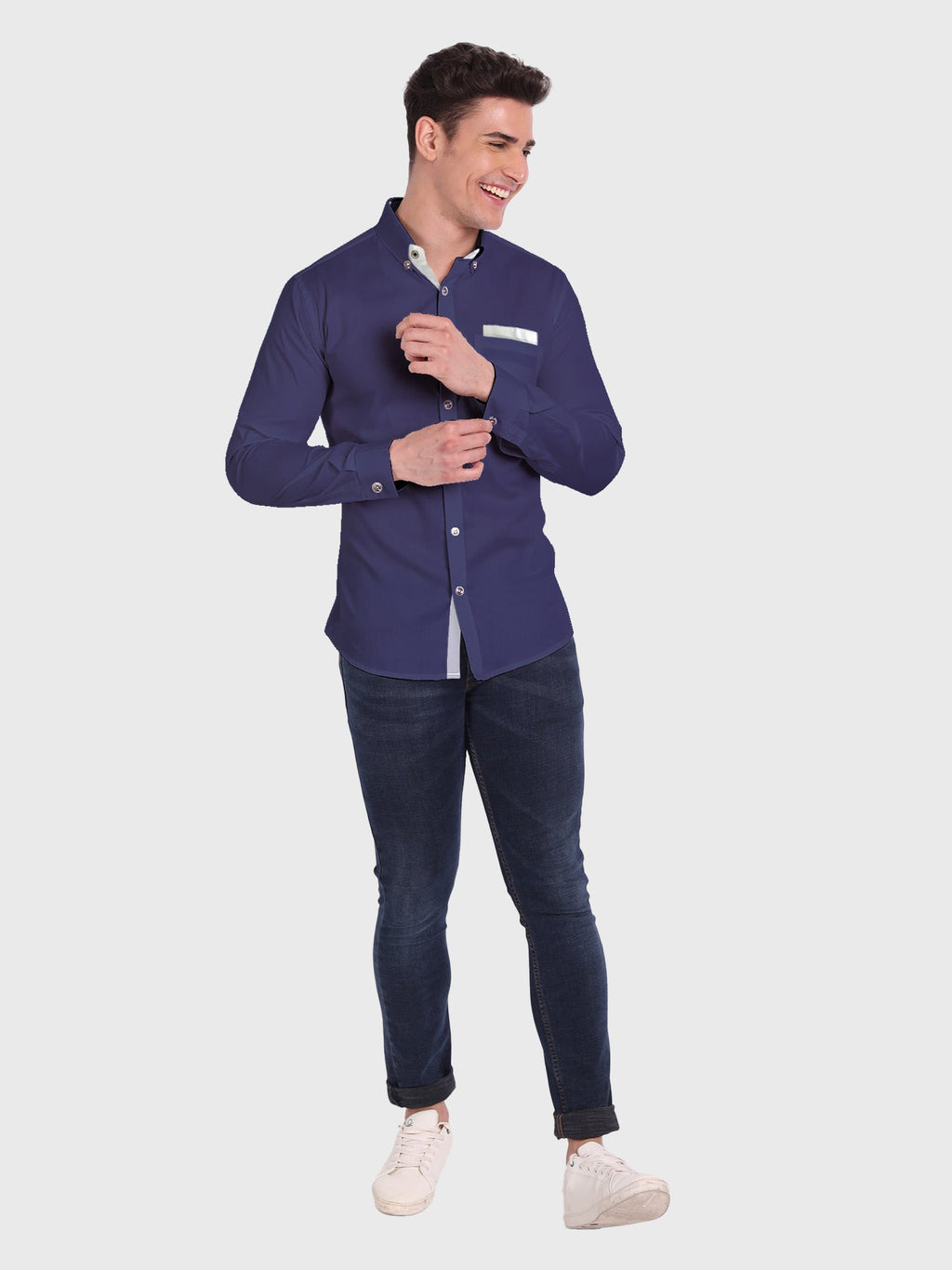 Men's Casual Full Sleeve Silver Button Shirt in White by BLUE ROBED, side view