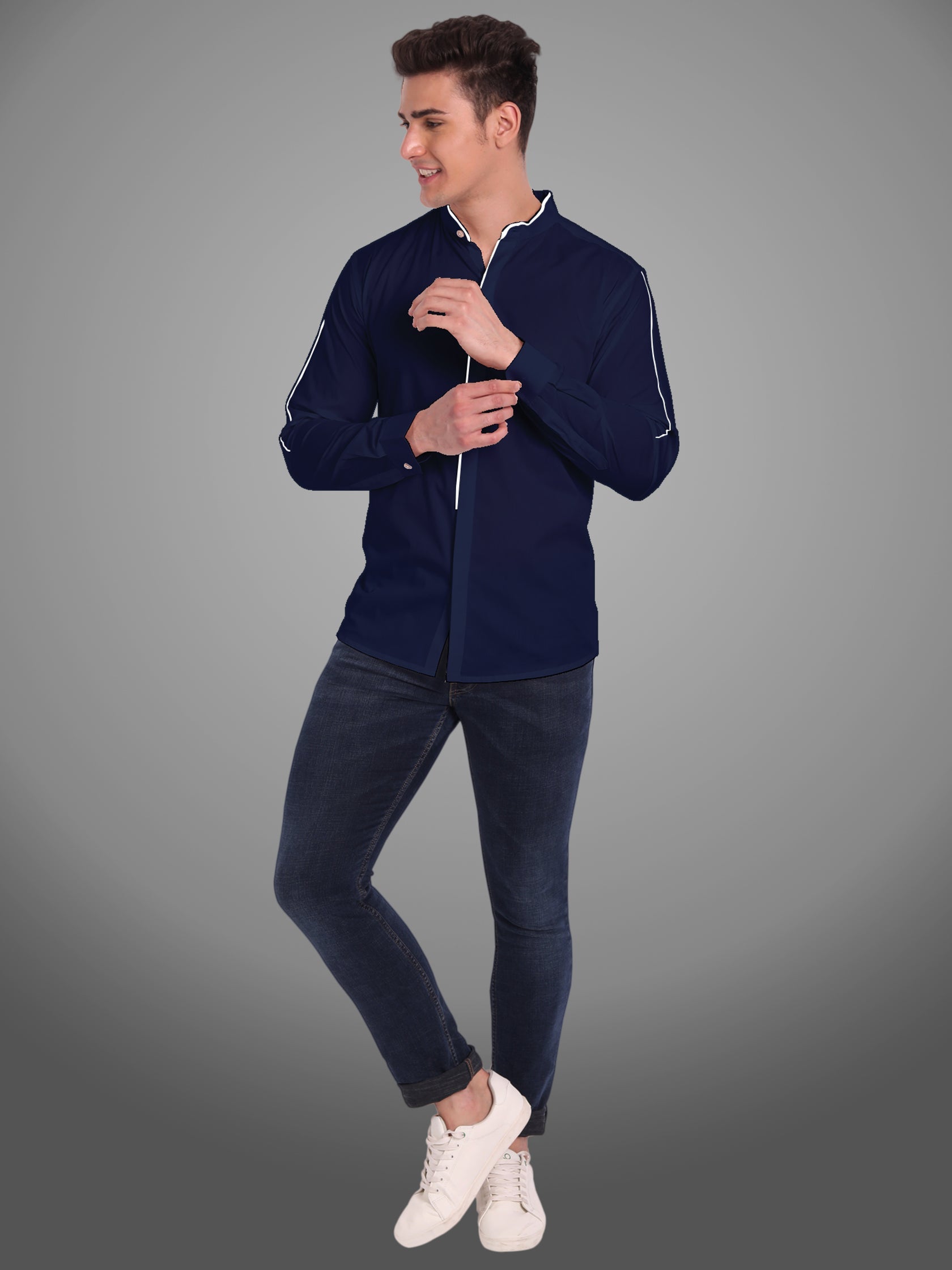 Men's Shoulder Piping Full Sleeve Shirt in Black by BLUE ROBED, fit view