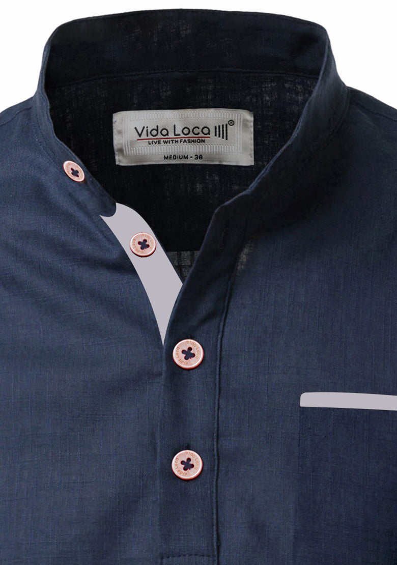 BLUE ROBED men's Casual Slim Fit Full Sleeve Pocket Contrast Kurta in Navy Blue view 35