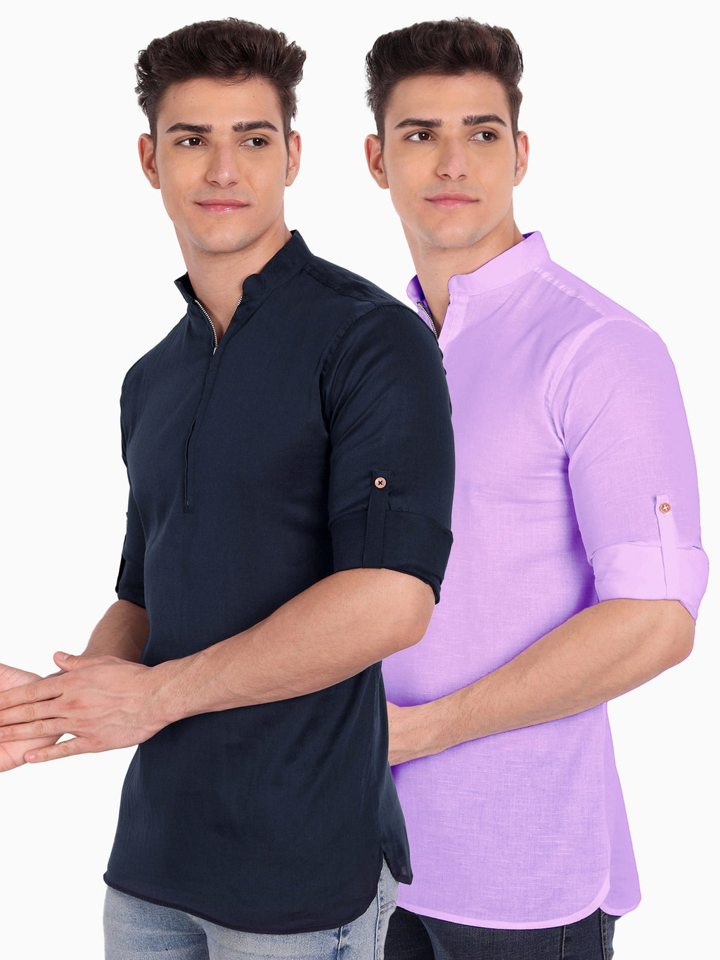 BLUE ROBED men's Casual ZIP Style Full Sleeve Cotton Kurta (Pack 2) in Navy Blue style A view 2