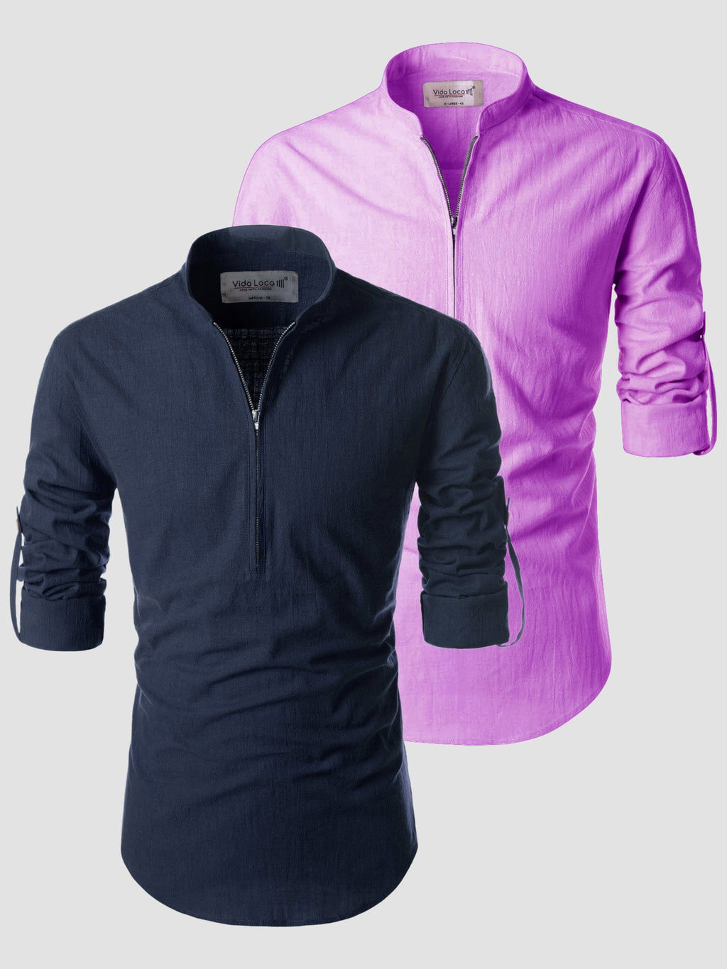 BLUE ROBED men's Casual ZIP Style Full Sleeve Cotton Kurta (Pack 2) in Navy Blue style B view 2