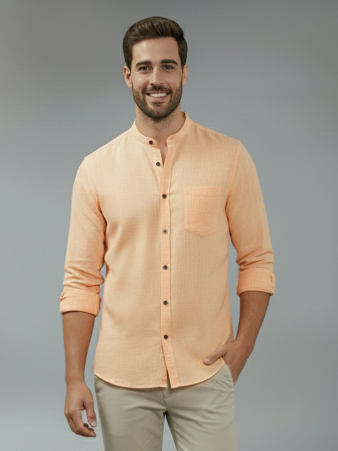 Full Sleeve Chinese Collar Cotton Slim Shirt for Men and Boys in Shirt For Men And Pink by BLUE ROBED, side view