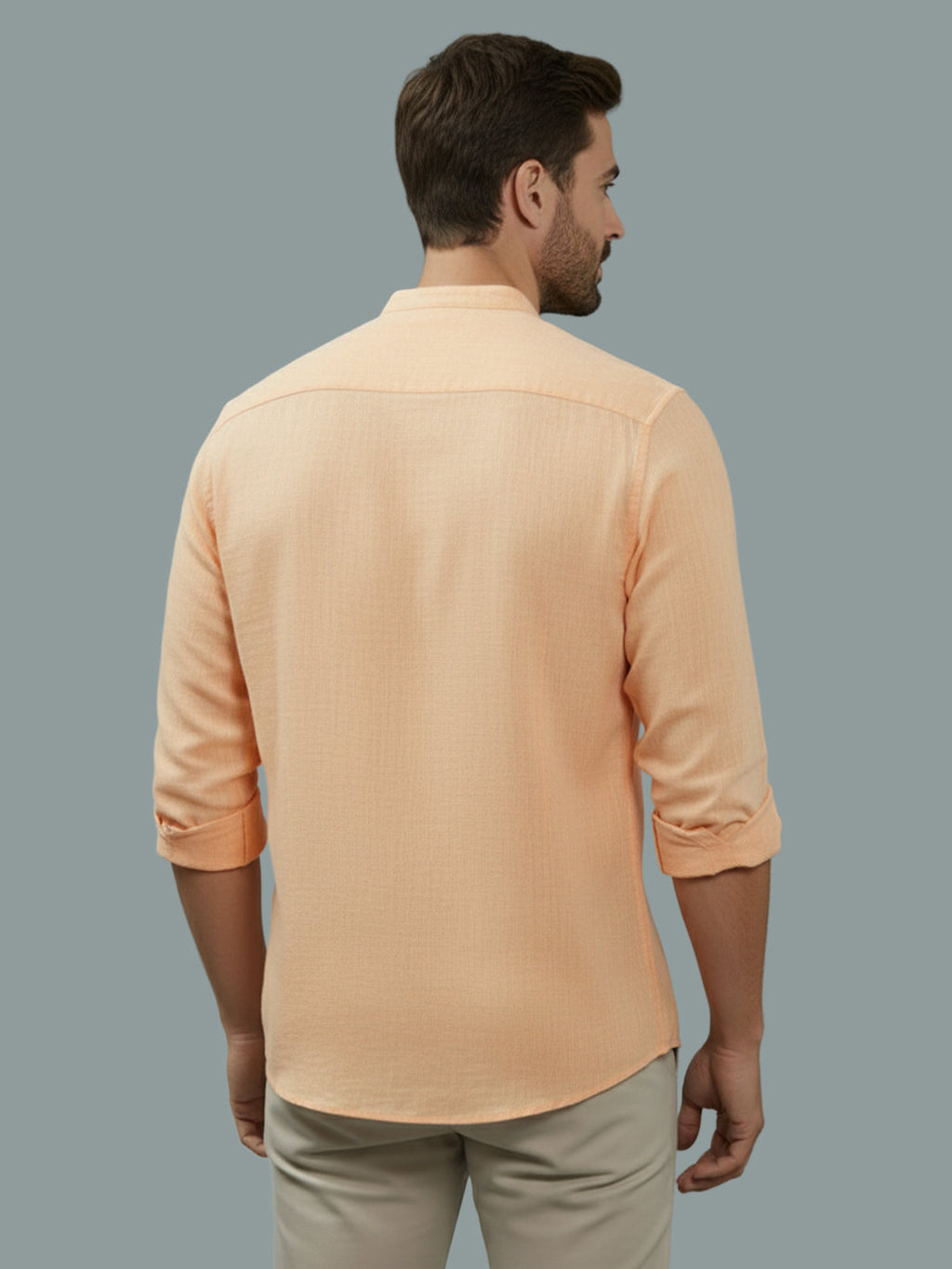 Full Sleeve Chinese Collar Cotton Slim Shirt for Men and Boys in Shirt For Men And Pink by BLUE ROBED, back view