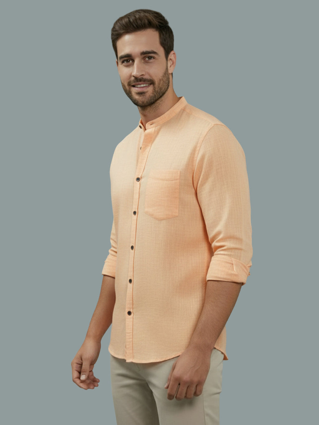 Full Sleeve Chinese Collar Cotton Slim Shirt for Men and Boys in Shirt For Men And Pink by BLUE ROBED, front view