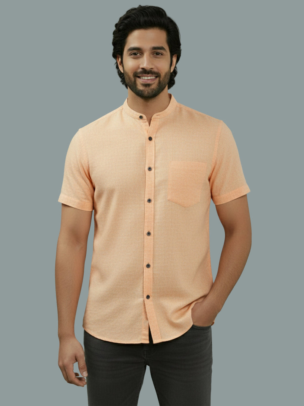 Half Sleeve Chinese Collar Cotton Slim Shirt for Men and Boys in Shirt For Men And White by BLUE ROBED, back view