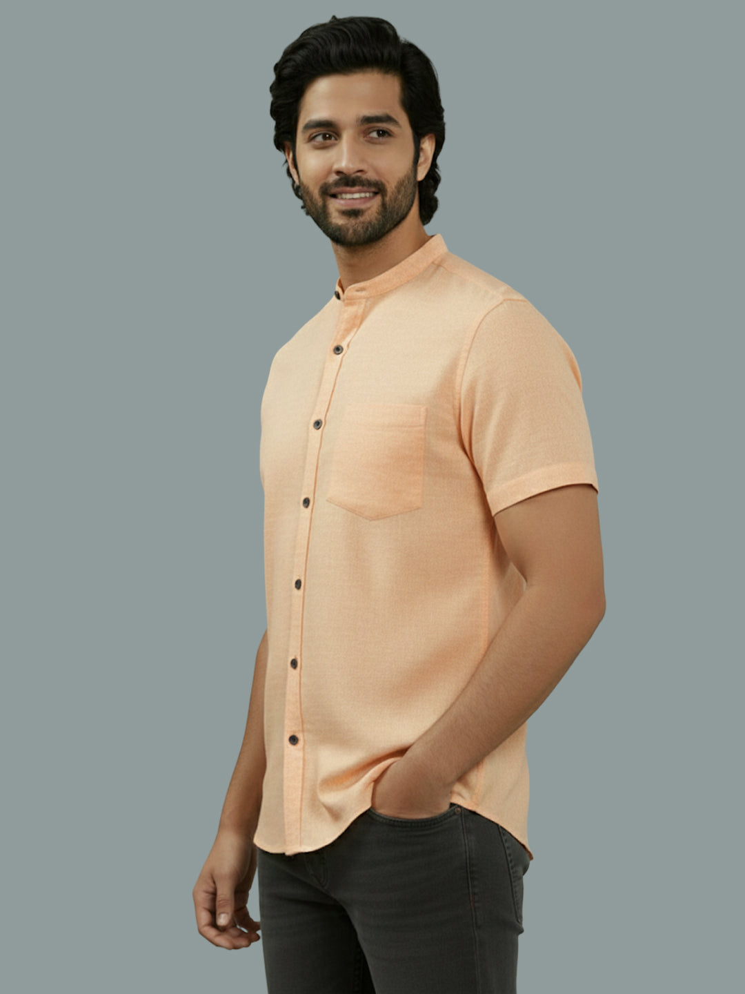Half Sleeve Chinese Collar Cotton Slim Shirt for Men and Boys in Shirt For Men And White by BLUE ROBED, style view