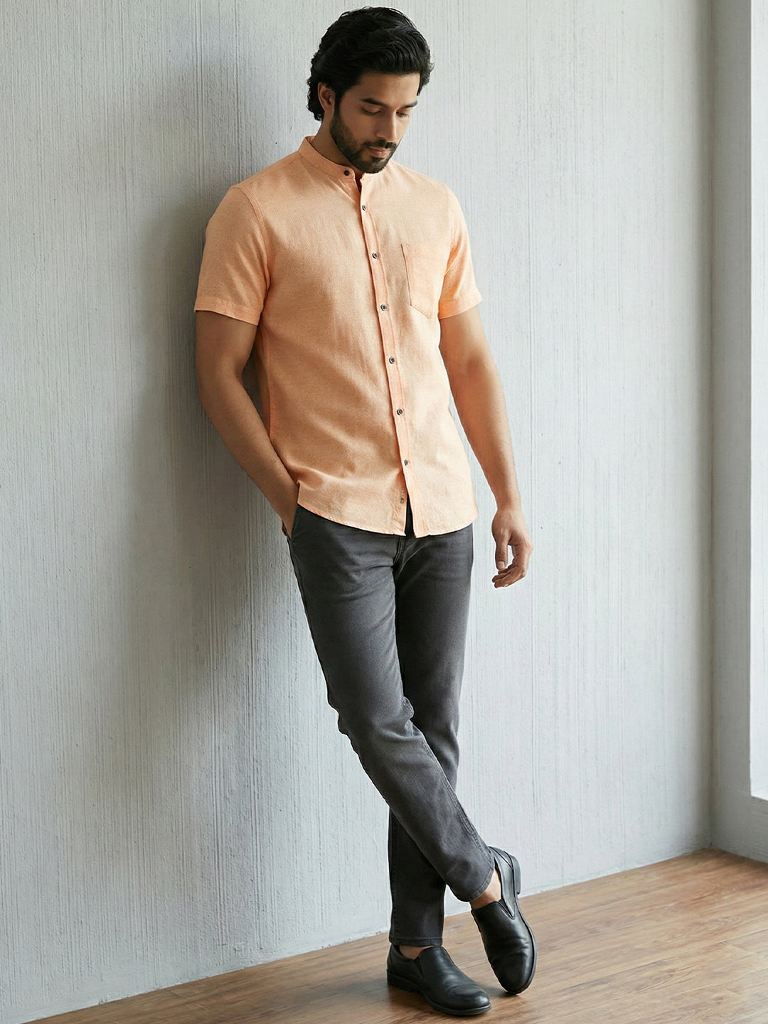 Half Sleeve Chinese Collar Cotton Slim Shirt for Men and Boys in Shirt For Men And White by BLUE ROBED, front view