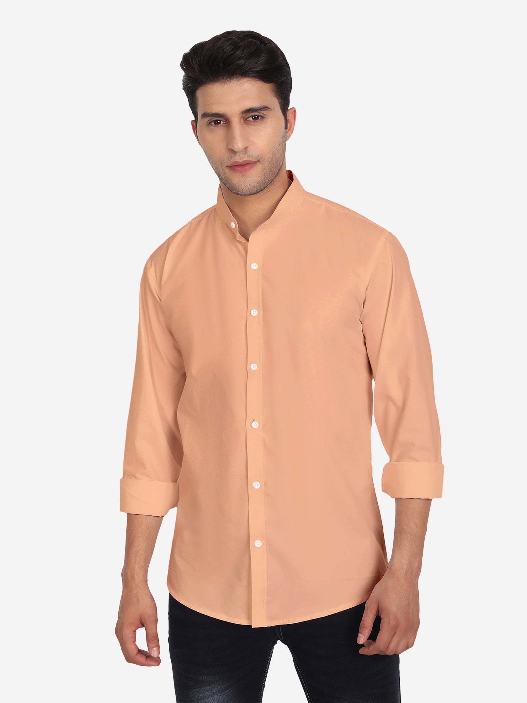Men's Pure Cotton Mandarin Collar Casual Shirt in White by BLUE ROBED, side view