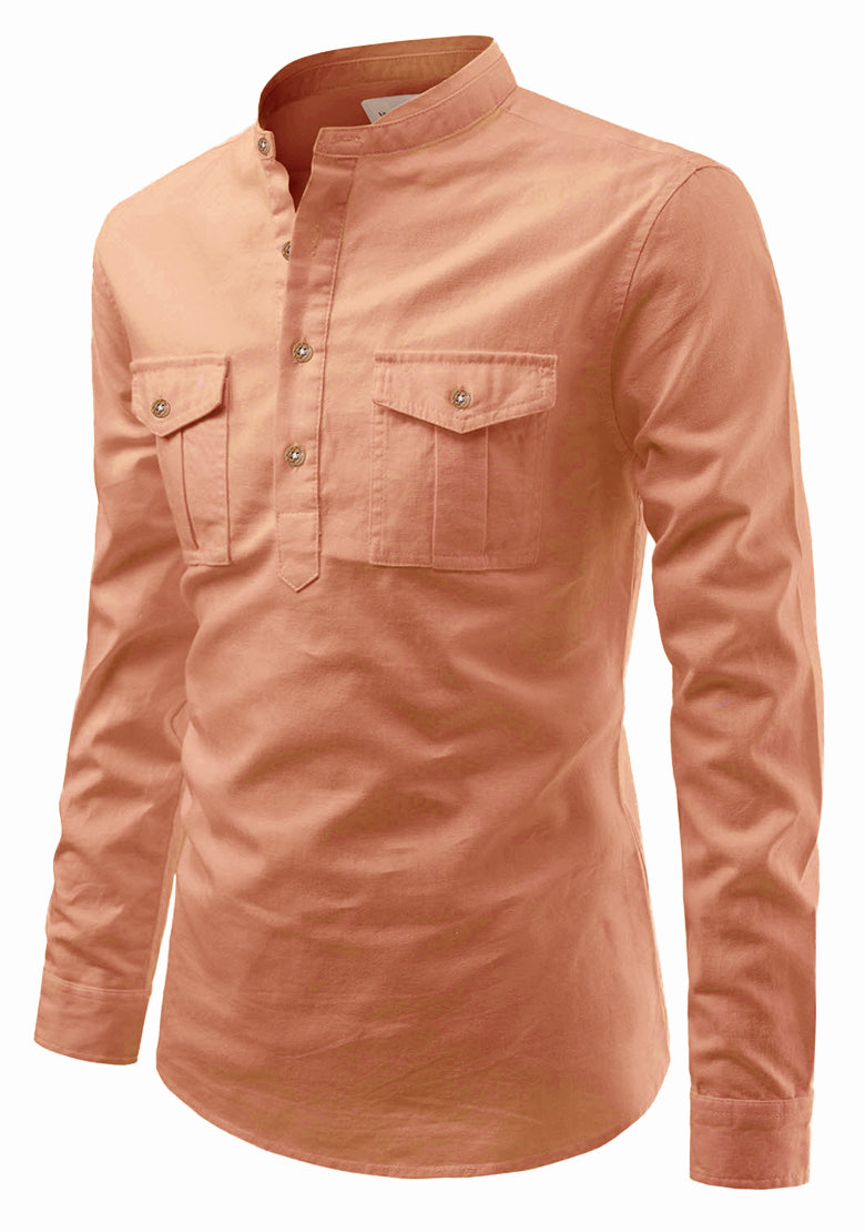 BLUE ROBED men's Casual Slim Fit Full Sleeve Double Pocket Cotton Kurta in Orange view 71