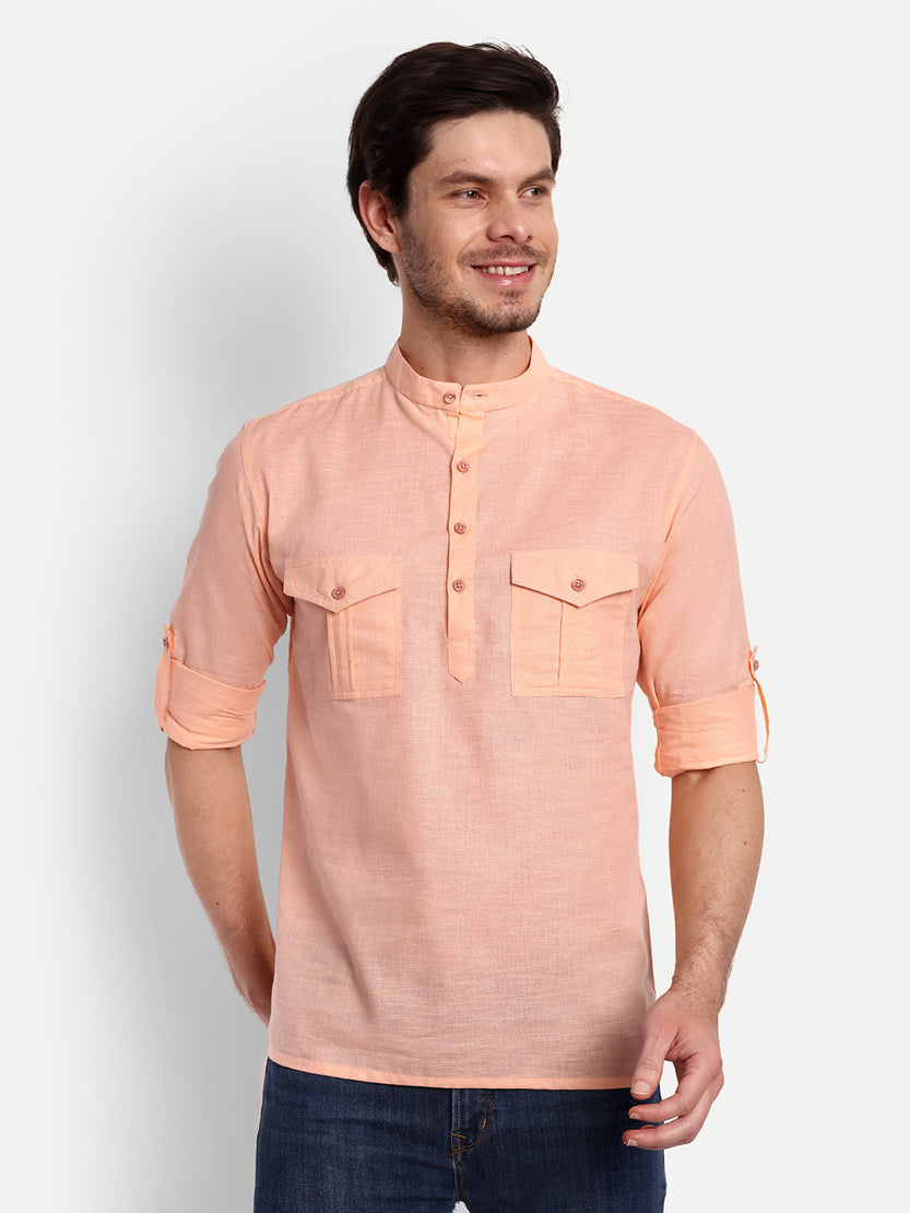 BLUE ROBED men's Casual Slim Fit Full Sleeve Double Pocket Cotton Trendy Kurta in Orange view 78
