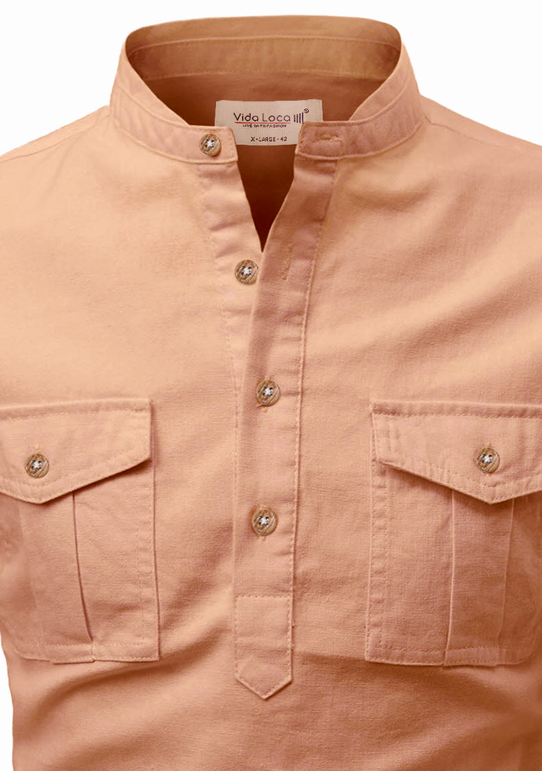 BLUE ROBED men's Casual Slim Fit Full Sleeve Double Pocket Cotton Kurta in Orange view 73