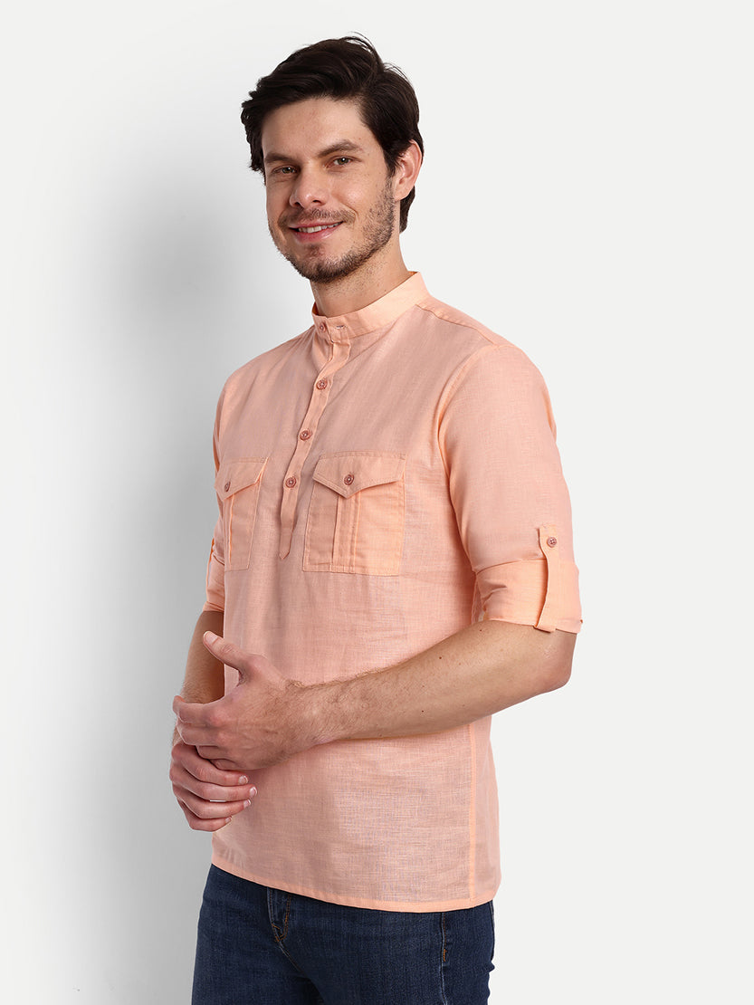 BLUE ROBED men's Casual Slim Fit Full Sleeve Double Pocket Cotton Trendy Kurta in Orange view 79