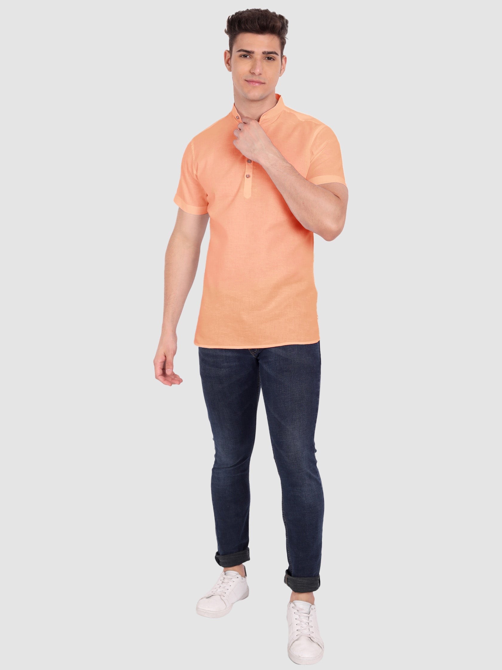 BLUE ROBED men's Half Sleeve Casual Cotton Kurta Daily Wear in Orange view 46
