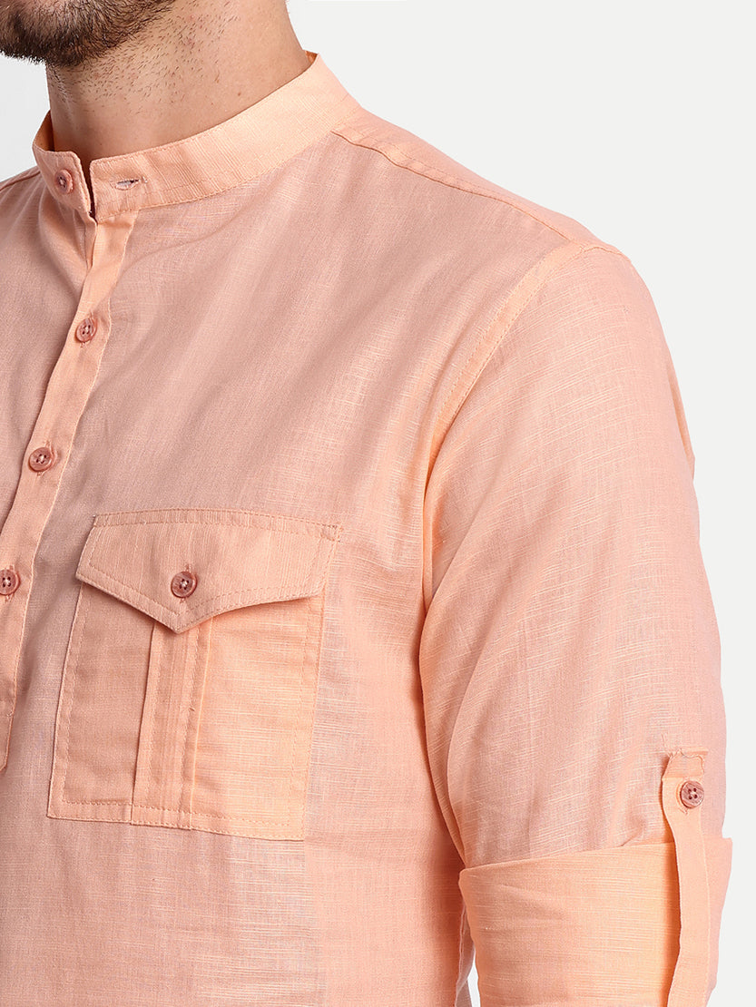 BLUE ROBED men's Casual Slim Fit Full Sleeve Double Pocket Cotton Trendy Kurta in Orange view 82