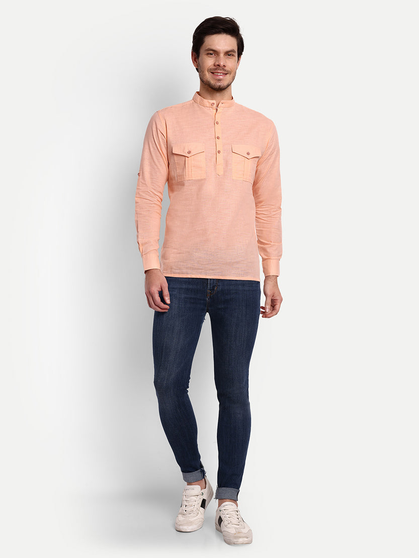 BLUE ROBED men's Casual Slim Fit Full Sleeve Double Pocket Cotton Trendy Kurta in Orange view 84
