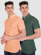 BLUE ROBED men's Casual Slim Fit Half Sleeve Cotton Kurta (Pack 2) in Orange view 3