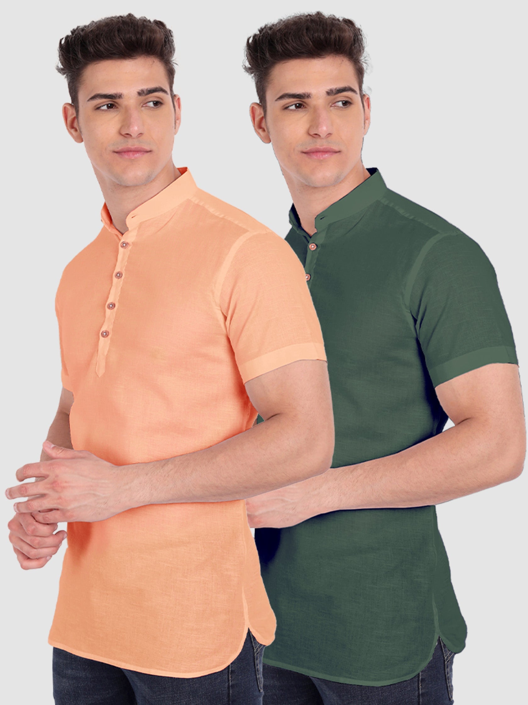 BLUE ROBED men's Casual Slim Fit Half Sleeve Cotton Kurta (Pack 2) in Orange view 3