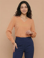 Women’s Crepe Formal Top | Elegant V-Neck Office Wear Blouse