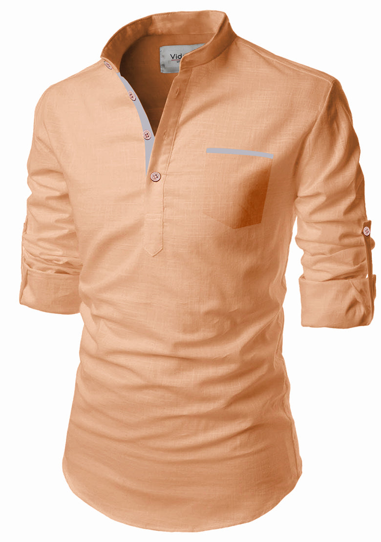 BLUE ROBED men's Casual Slim Fit Full Sleeve Pocket Contrast Kurta in Orange Light view 36