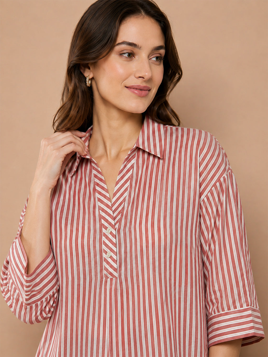 Women’s Pure Cotton Pink & White Striped Shirt Top | 3/4 Sleeve Casual Collared Tunic