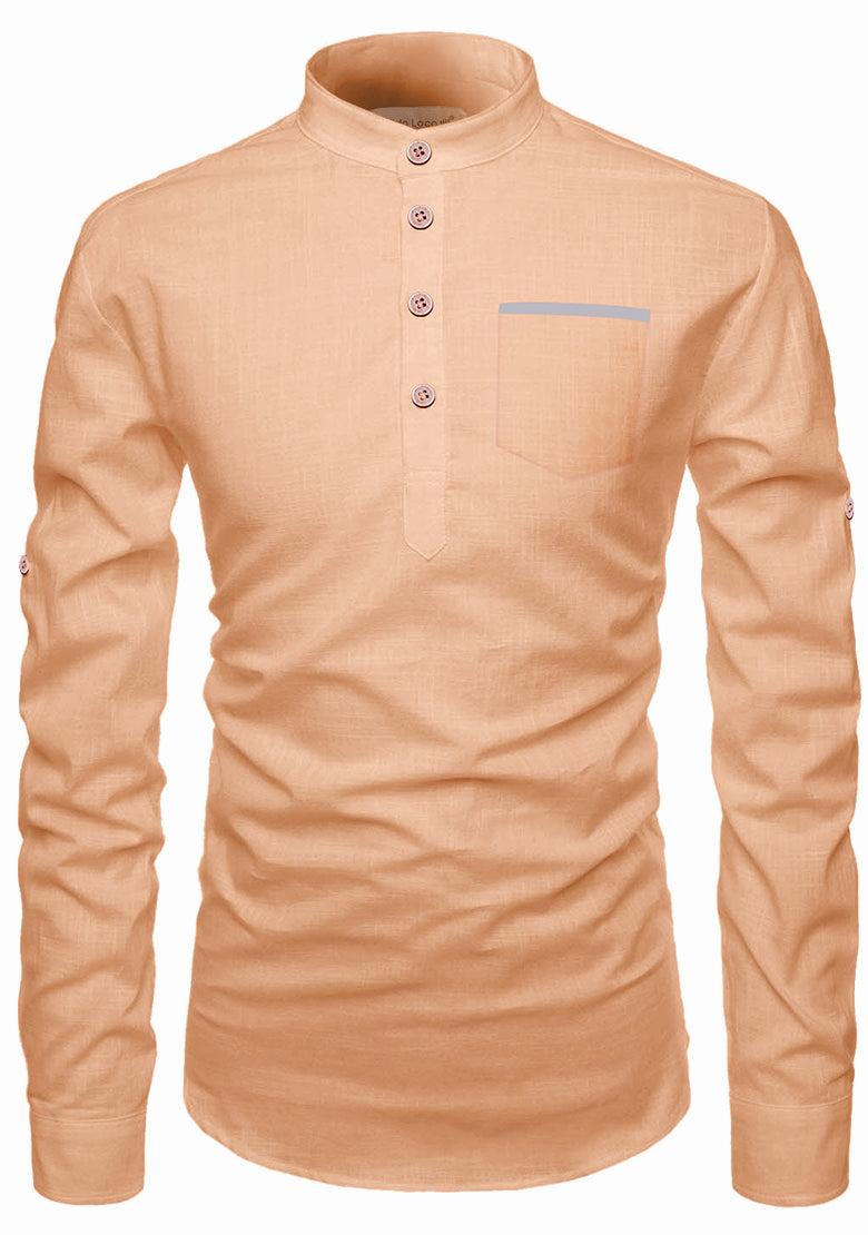 BLUE ROBED men's Casual Slim Fit Full Sleeve Pocket Contrast Kurta in Orange Light view 38