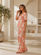 Women's Printed Linen Cotton Night Suit Co-ord Set | Half Sleeve Top & Full-Length Pyjama | Soft & Breathable Loungewear