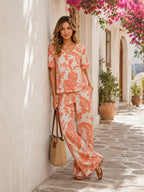 Women's Printed Linen Cotton Night Suit Co-ord Set | Half Sleeve Top & Full-Length Pyjama | Soft & Breathable Loungewear