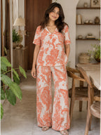 Women's Printed Linen Cotton Night Suit Co-ord Set | Half Sleeve Top & Full-Length Pyjama | Soft & Breathable Loungewear