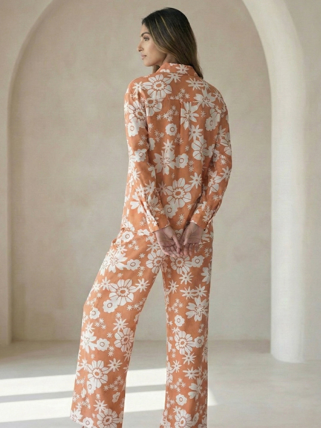 Women's Two Piece Set, Baby Orange, Shirts with Wide Leg Trousers, Full Sleeve