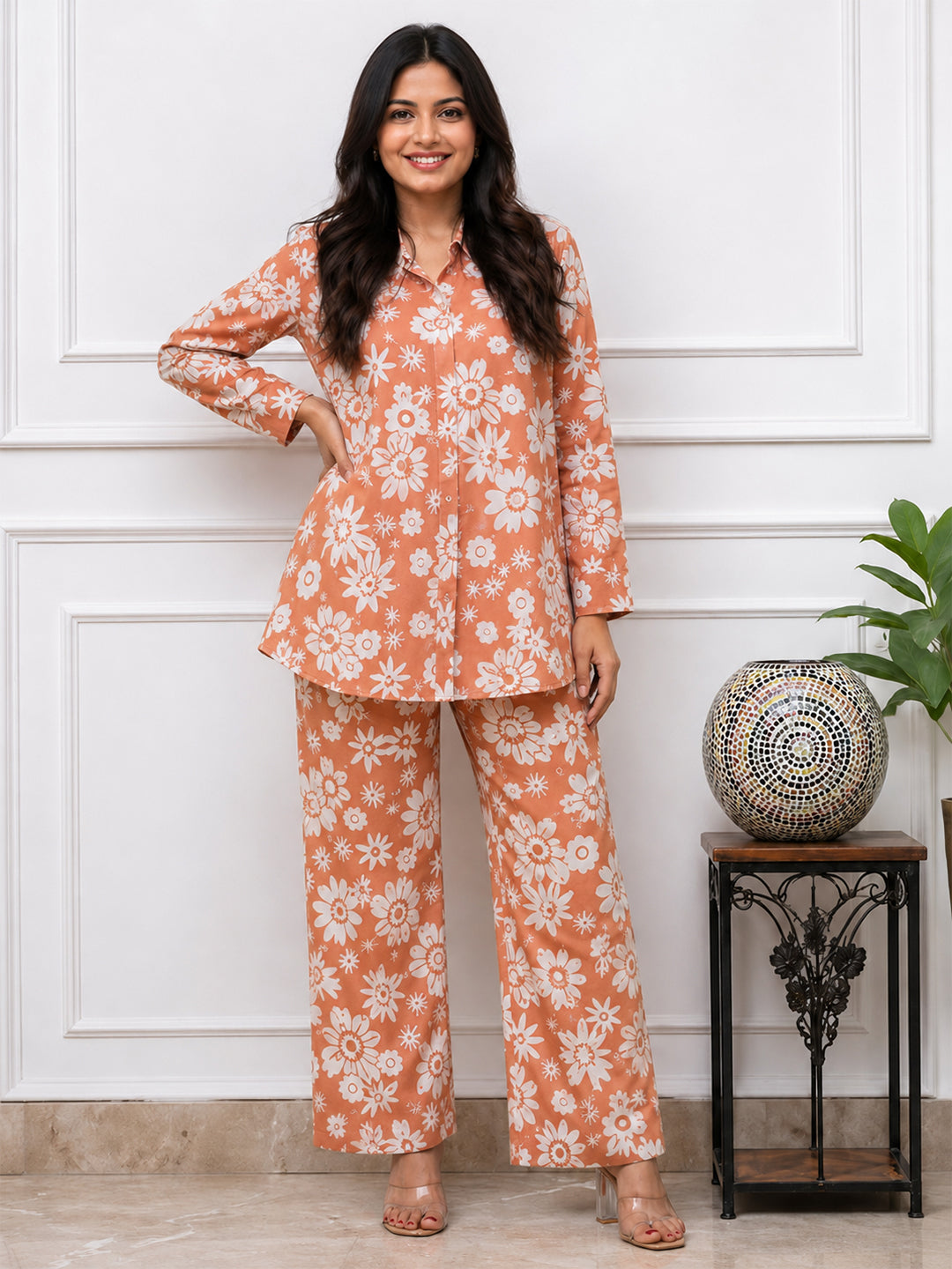 Women's Two Piece Set, Baby Orange, Shirts with Wide Leg Trousers, Full Sleeve