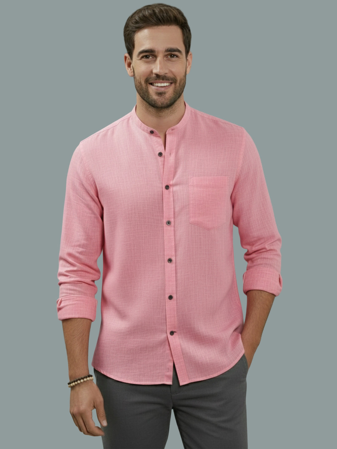 Full Sleeve Chinese Collar Cotton Slim Shirt for Men and Boys in Shirt For Men And Pink by BLUE ROBED, side view