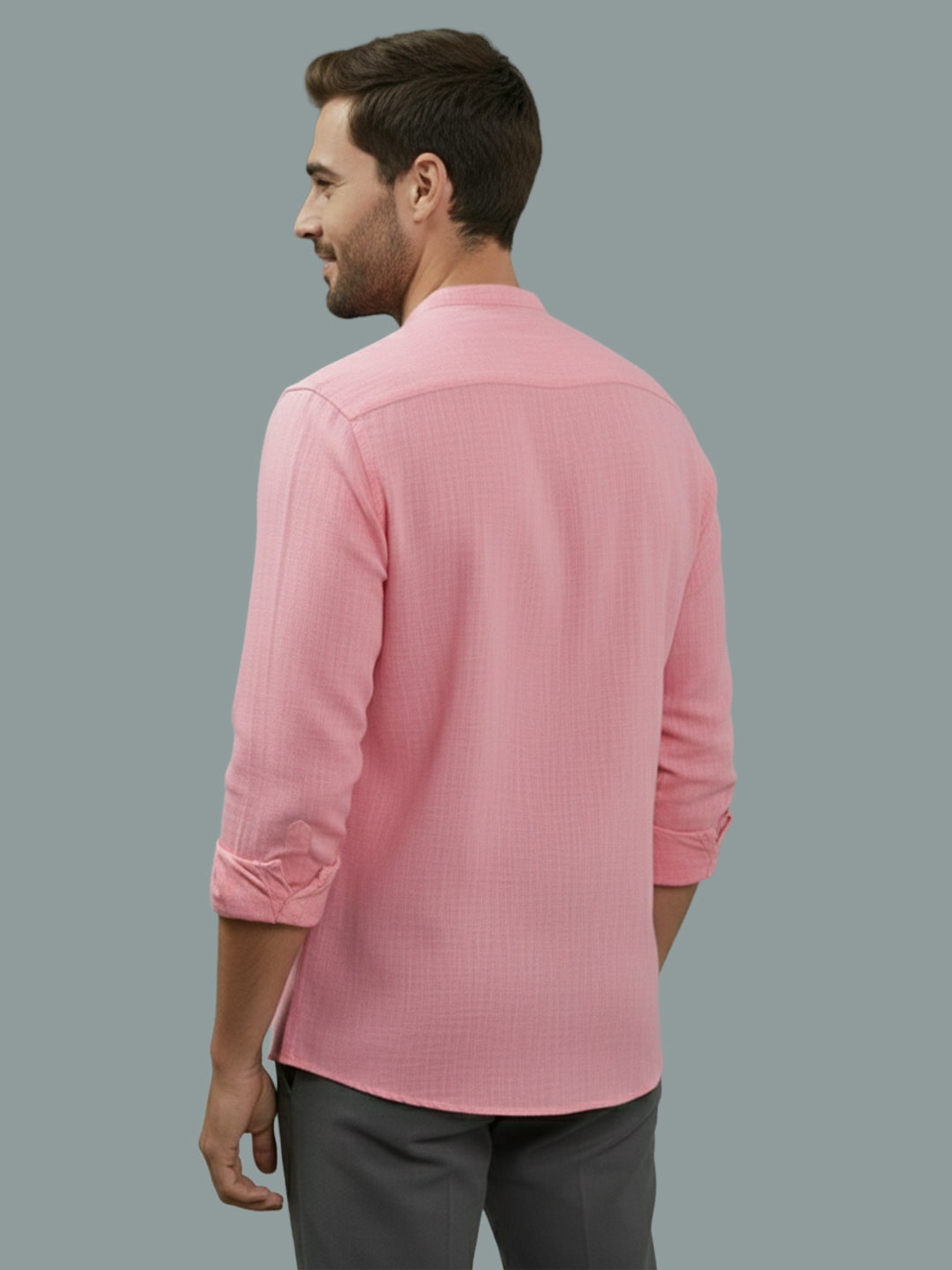 Full Sleeve Chinese Collar Cotton Slim Shirt for Men and Boys in Shirt For Men And Pink by BLUE ROBED, back view