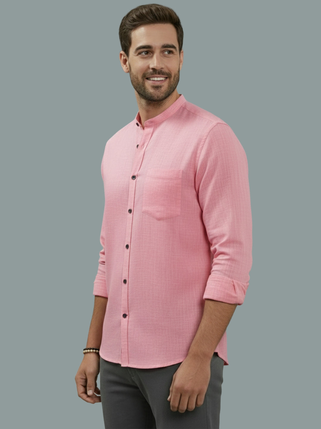 Full Sleeve Chinese Collar Cotton Slim Shirt for Men and Boys in Shirt For Men And Pink by BLUE ROBED, front view