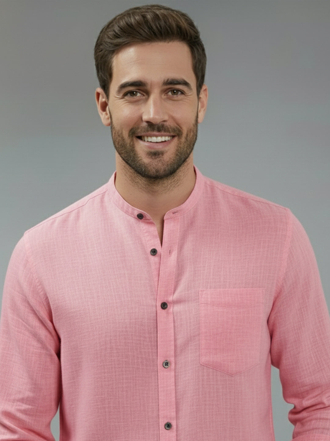 Full Sleeve Chinese Collar Cotton Slim Shirt for Men and Boys in Shirt For Men And Pink by BLUE ROBED, detail view