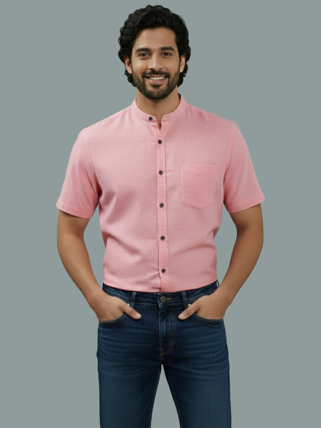 Half Sleeve Chinese Collar Cotton Slim Shirt for Men and Boys in Shirt For Men And White by BLUE ROBED, style view