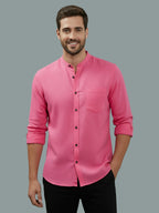 Full Sleeve Chinese Collar Cotton Slim Shirt for Men and Boys in Shirt For Men And Pink by BLUE ROBED, fabric detail