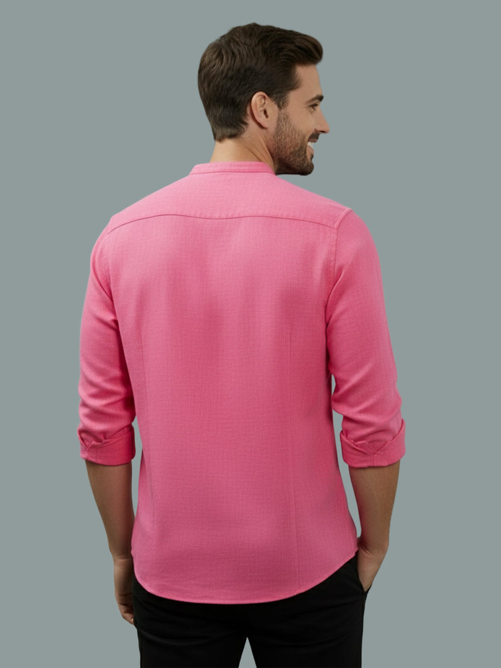 Full Sleeve Chinese Collar Cotton Slim Shirt for Men and Boys in Shirt For Men And Pink by BLUE ROBED, fit view