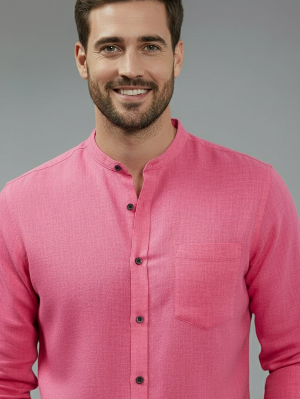 Full Sleeve Chinese Collar Cotton Slim Shirt for Men and Boys in Shirt For Men And Pink by BLUE ROBED, front view