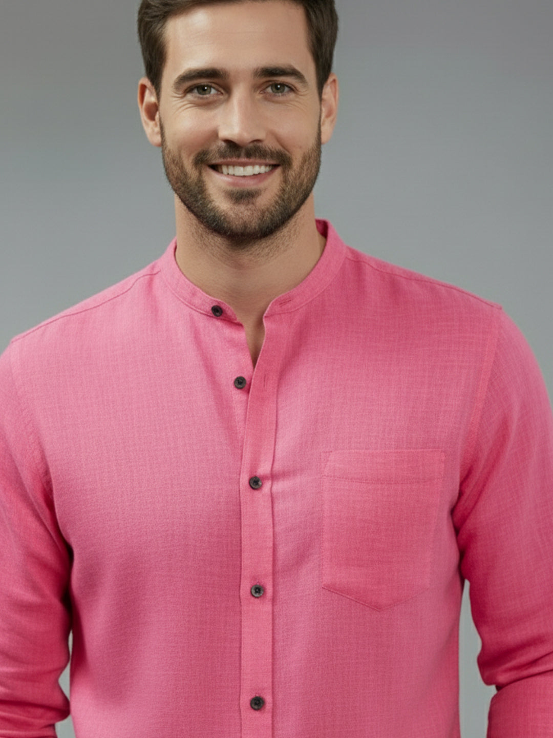 Full Sleeve Chinese Collar Cotton Slim Shirt for Men and Boys in Shirt For Men And Pink by BLUE ROBED, front view
