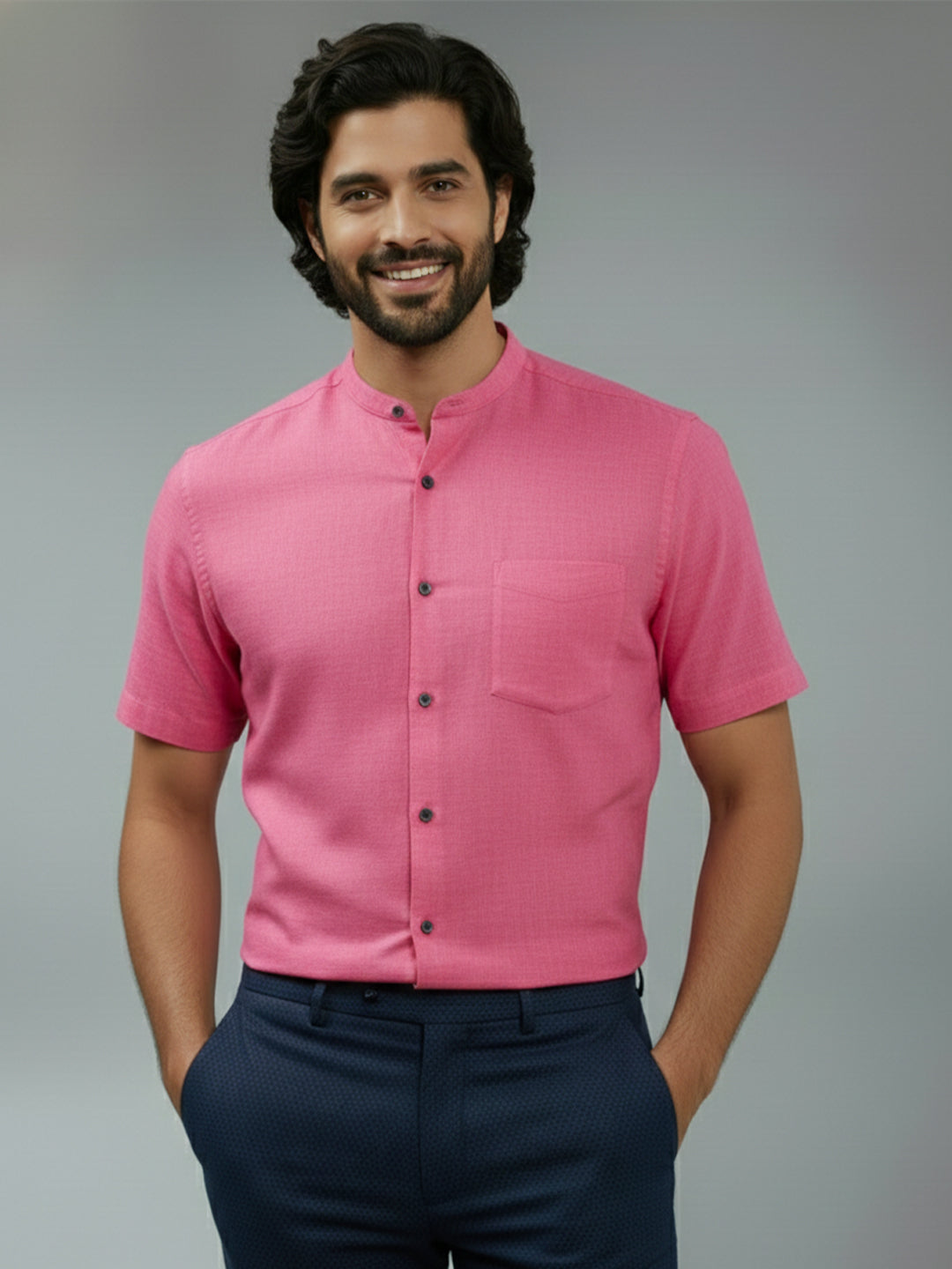 Half Sleeve Chinese Collar Cotton Slim Shirt for Men and Boys in Shirt For Men And White by BLUE ROBED, detail view