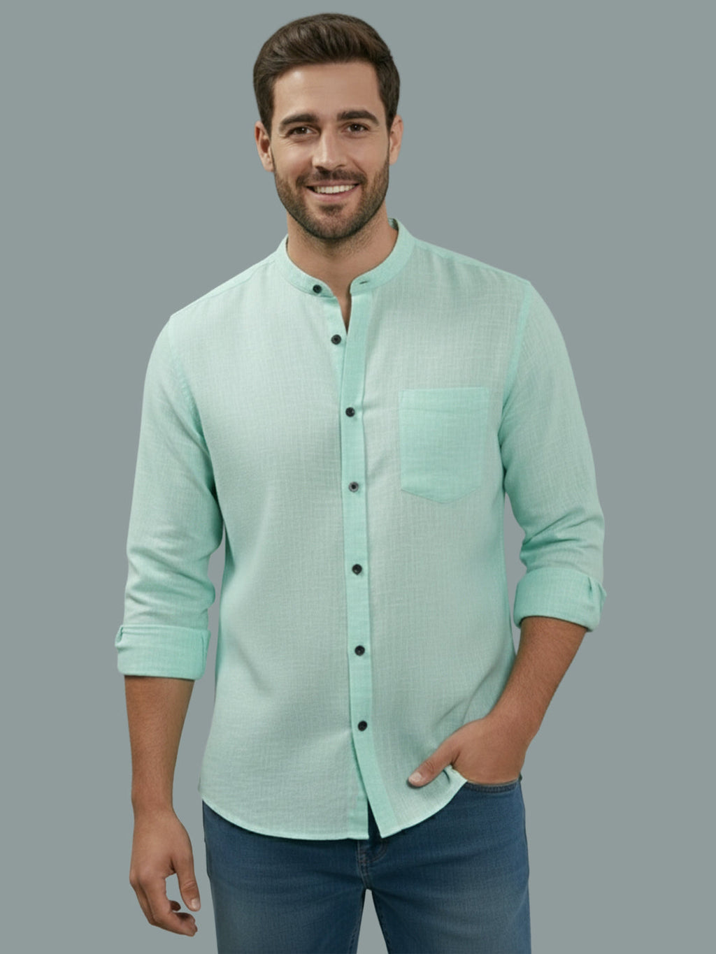 Full Sleeve Chinese Collar Cotton Slim Shirt for Men and Boys in Shirt For Men And Pink by BLUE ROBED, back view