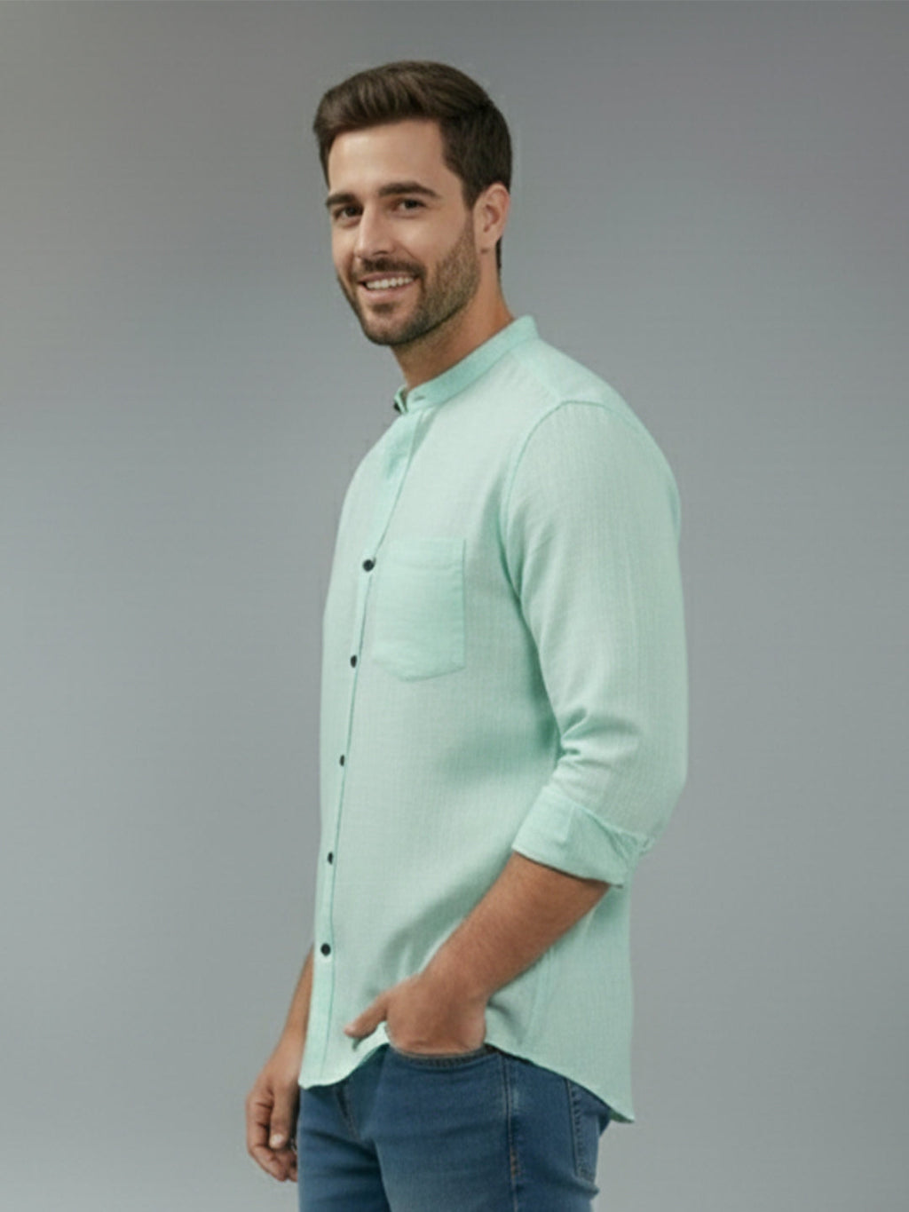Full Sleeve Chinese Collar Cotton Slim Shirt for Men and Boys in Shirt For Men And Pink by BLUE ROBED, fit view