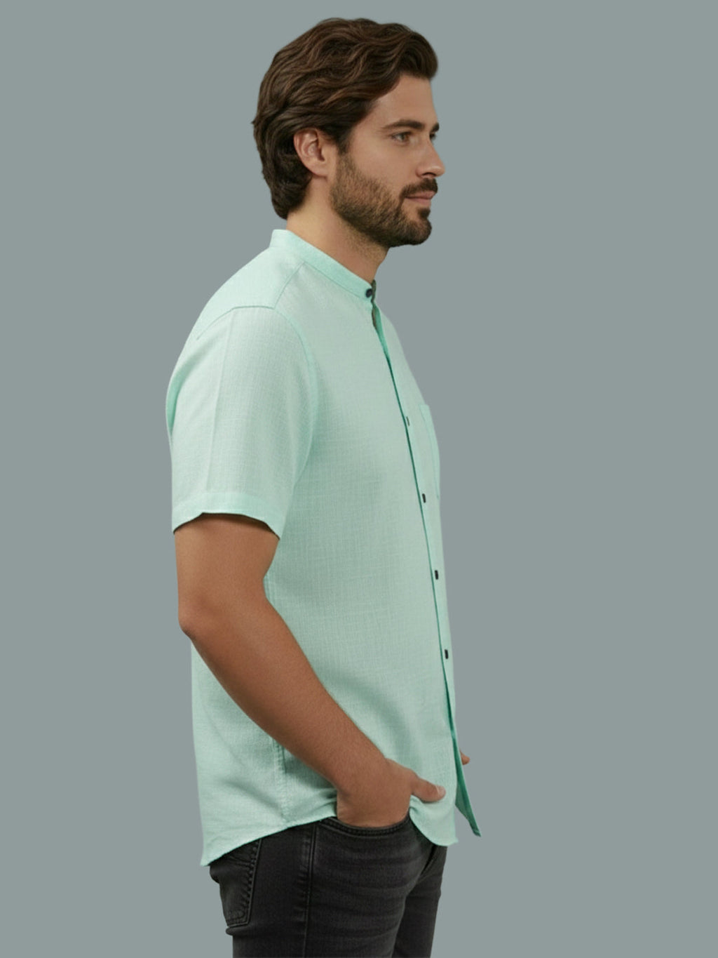 Half Sleeve Chinese Collar Cotton Slim Shirt for Men and Boys in Shirt For Men And White by BLUE ROBED, fabric detail