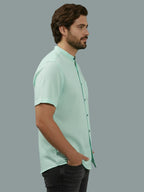 Half Sleeve Chinese Collar Cotton Slim Shirt for Men and Boys in Shirt For Men And White by BLUE ROBED, fabric detail