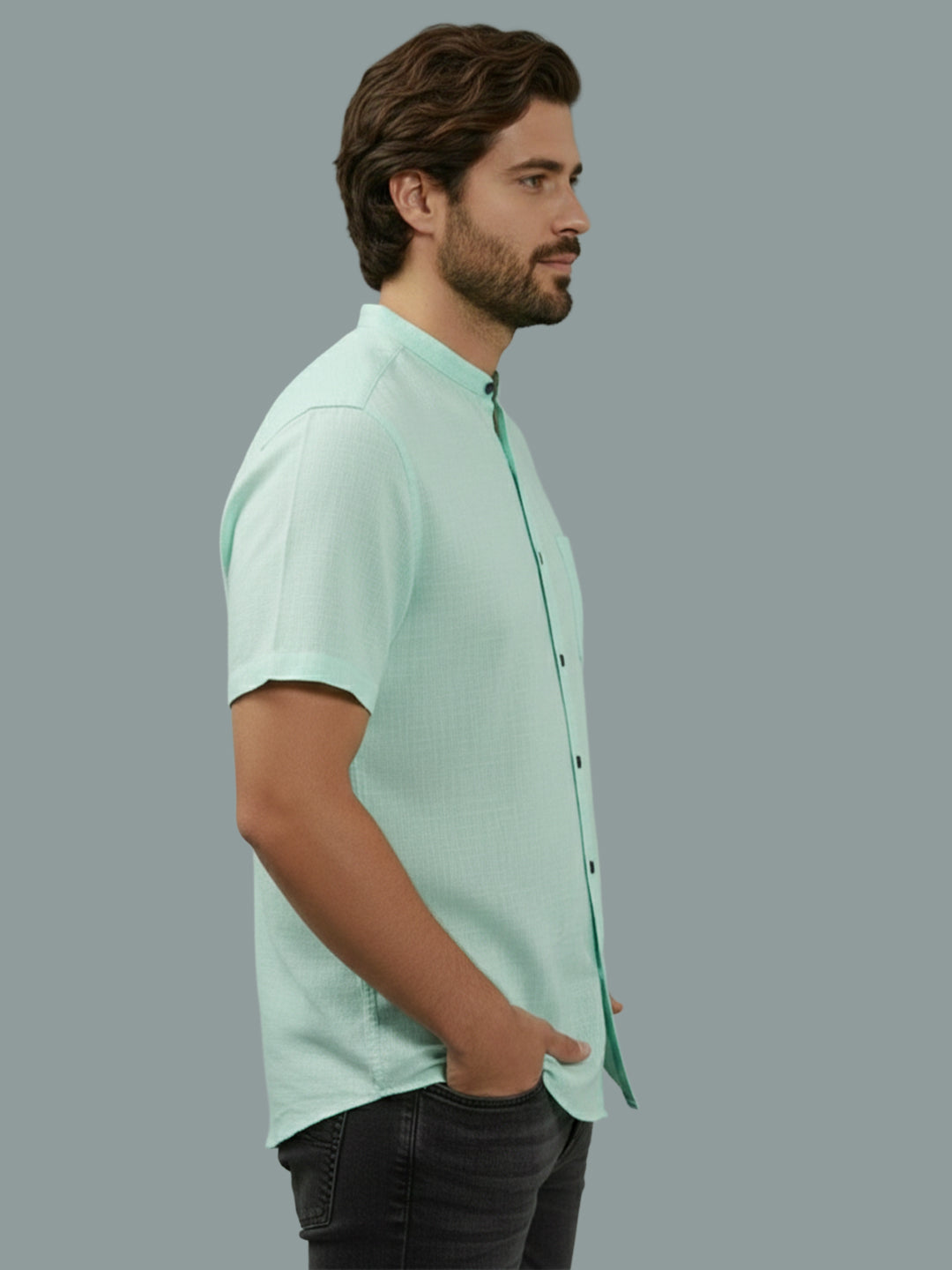 Half Sleeve Chinese Collar Cotton Slim Shirt for Men and Boys in Shirt For Men And White by BLUE ROBED, fabric detail