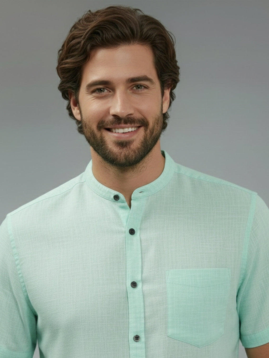 Half Sleeve Chinese Collar Cotton Slim Shirt for Men and Boys in Shirt For Men And White by BLUE ROBED, front view